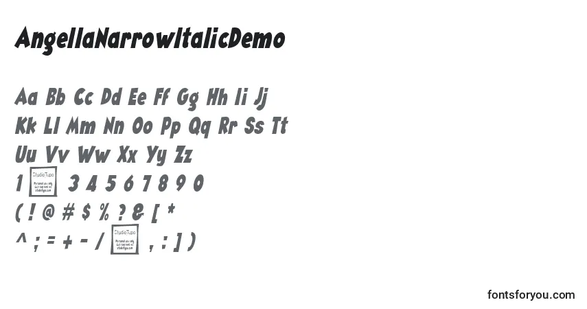 Шрифт AngellaNarrowItalicDemo – алфавит, цифры, специальные символы