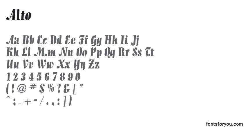 Czcionka Alto – alfabet, cyfry, specjalne znaki