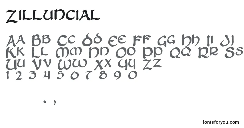 Schriftart Zilluncial – Alphabet, Zahlen, spezielle Symbole