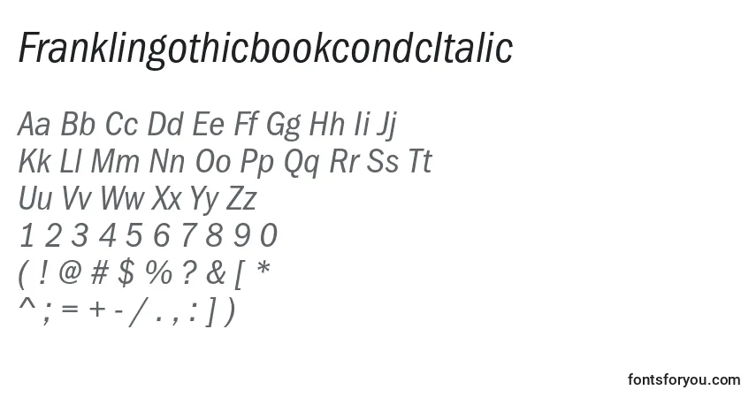 A fonte FranklingothicbookcondcItalic – alfabeto, números, caracteres especiais