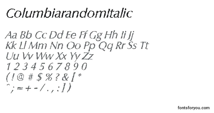 Czcionka ColumbiarandomItalic – alfabet, cyfry, specjalne znaki