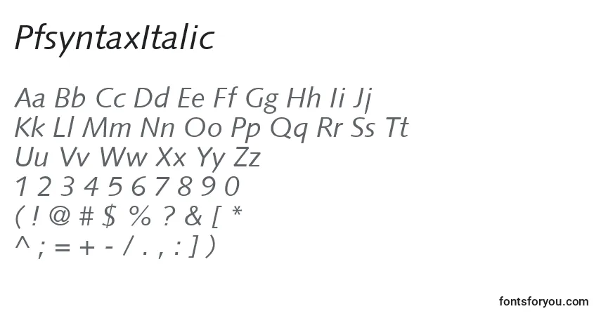 PfsyntaxItalic-fontti – aakkoset, numerot, erikoismerkit