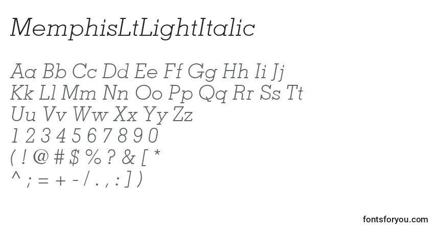 Schriftart MemphisLtLightItalic – Alphabet, Zahlen, spezielle Symbole