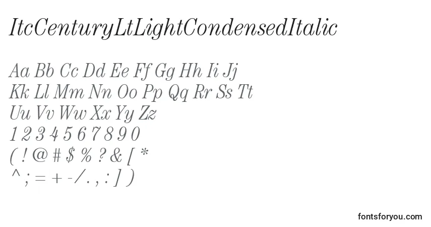 Шрифт ItcCenturyLtLightCondensedItalic – алфавит, цифры, специальные символы