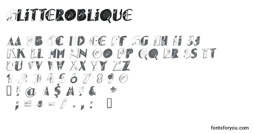 Schriftart Glitteroblique – Alphabet, Zahlen, spezielle Symbole