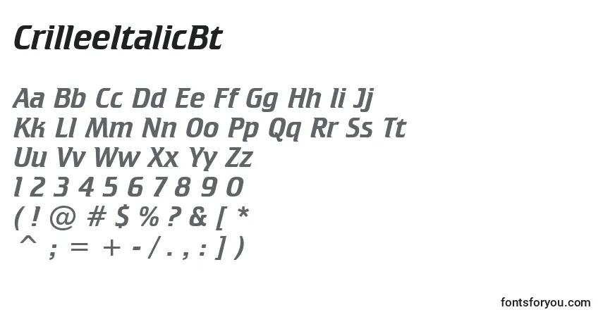 A fonte CrilleeItalicBt – alfabeto, números, caracteres especiais