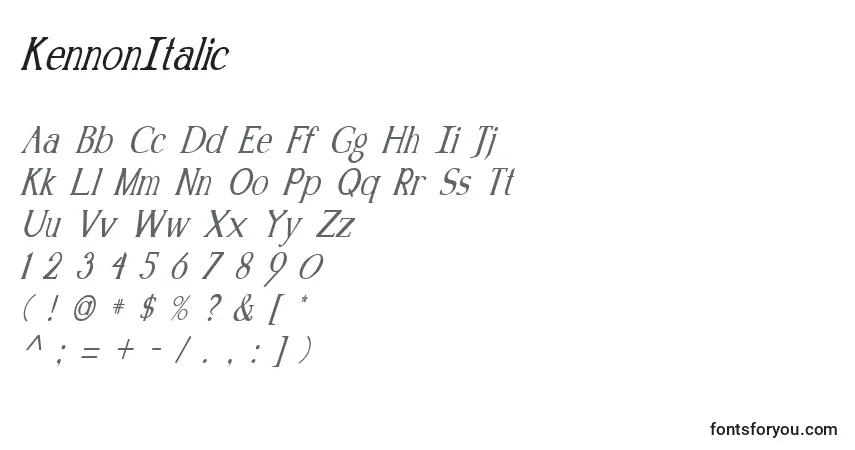 Czcionka KennonItalic – alfabet, cyfry, specjalne znaki