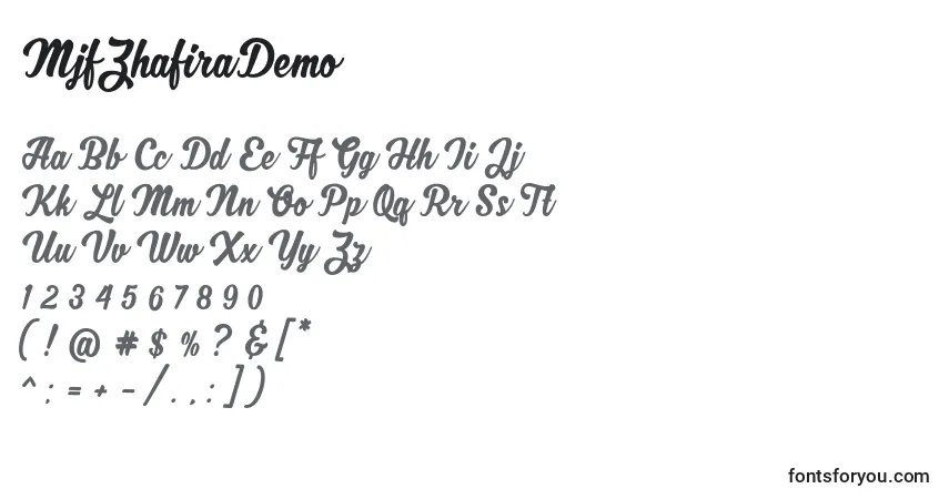 Schriftart MjfZhafiraDemo – Alphabet, Zahlen, spezielle Symbole