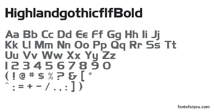 Czcionka HighlandgothicflfBold – alfabet, cyfry, specjalne znaki