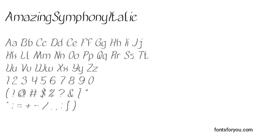 A fonte AmazingSymphonyItalic – alfabeto, números, caracteres especiais