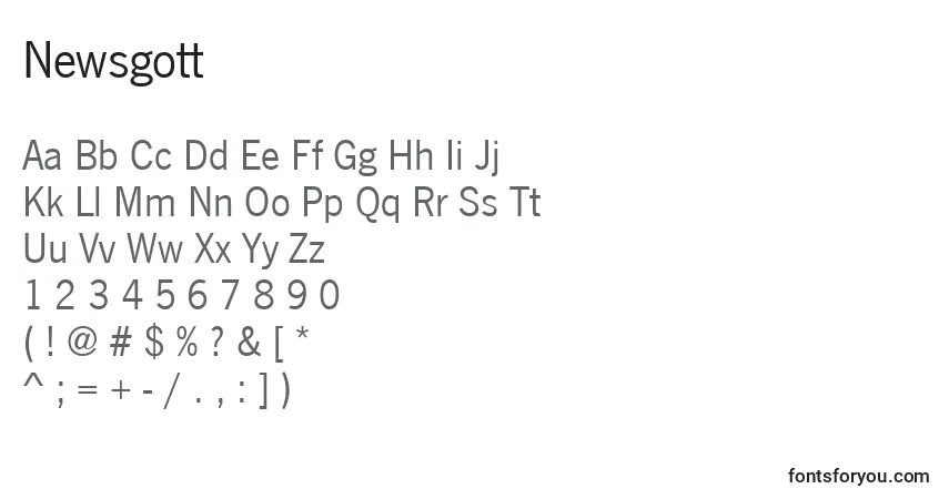 Czcionka Newsgott – alfabet, cyfry, specjalne znaki