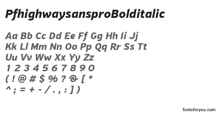 Czcionka PfhighwaysansproBolditalic – alfabet, cyfry, specjalne znaki