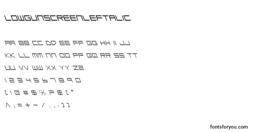 A fonte LowGunScreenLeftalic – alfabeto, números, caracteres especiais
