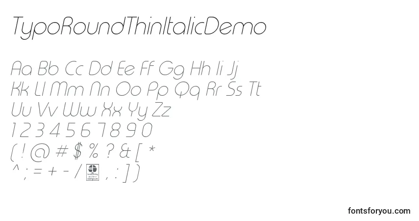 TypoRoundThinItalicDemo-fontti – aakkoset, numerot, erikoismerkit
