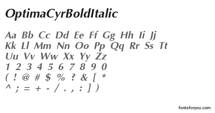 OptimaCyrBoldItalic-fontti – aakkoset, numerot, erikoismerkit