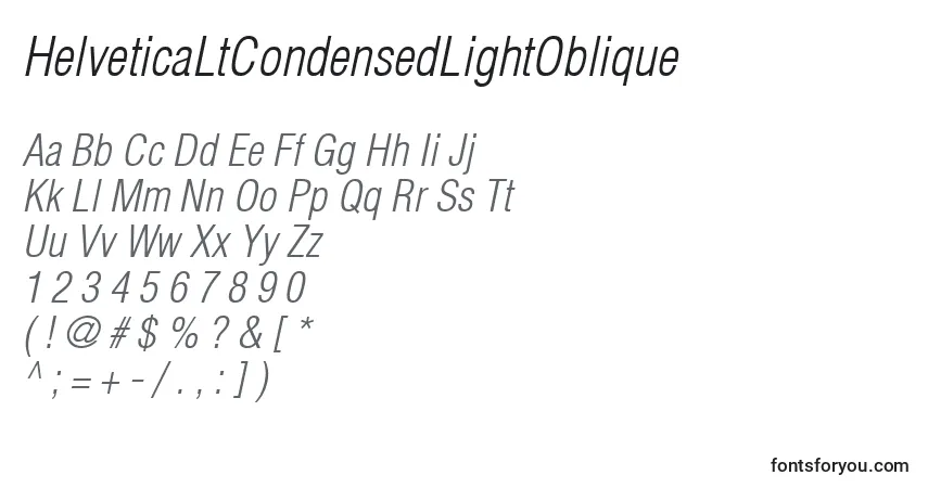 A fonte HelveticaLtCondensedLightOblique – alfabeto, números, caracteres especiais