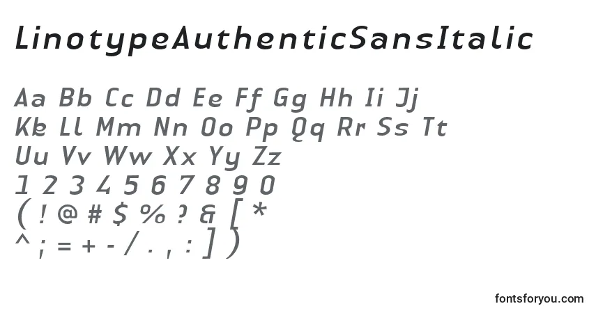 Шрифт LinotypeAuthenticSansItalic – алфавит, цифры, специальные символы
