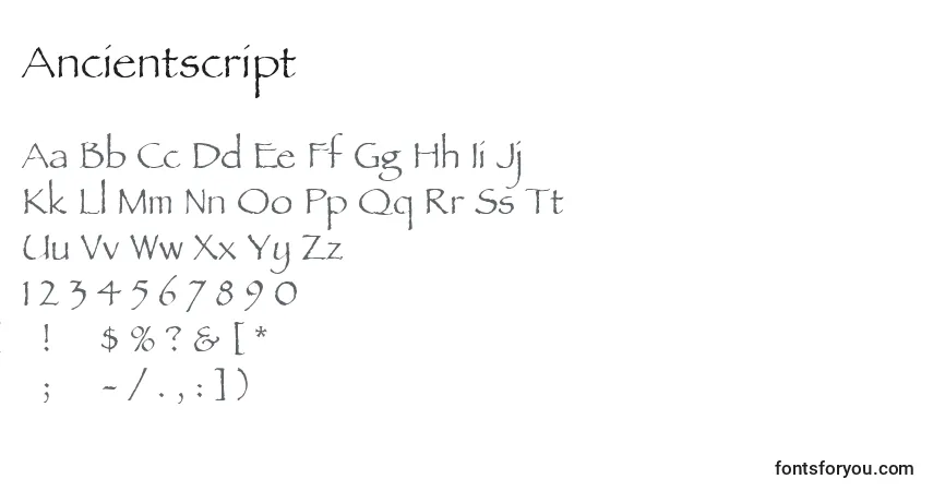 Czcionka Ancientscript – alfabet, cyfry, specjalne znaki
