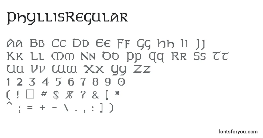 A fonte PhyllisRegular – alfabeto, números, caracteres especiais