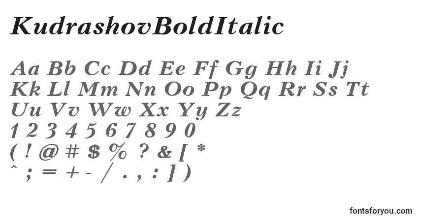 A fonte KudrashovBoldItalic – alfabeto, números, caracteres especiais