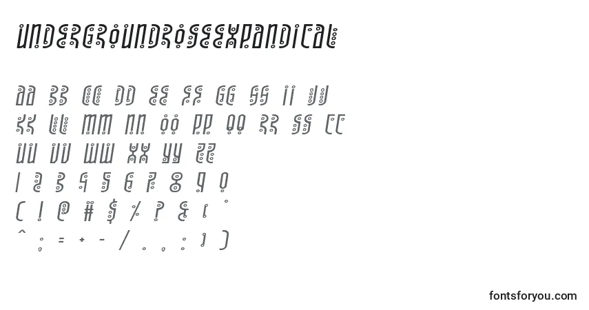 Schriftart Undergroundroseexpandital – Alphabet, Zahlen, spezielle Symbole