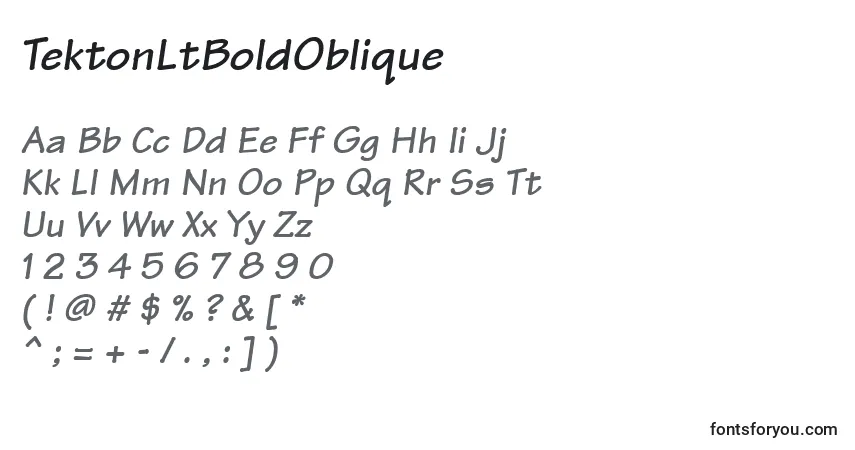 Шрифт TektonLtBoldOblique – алфавит, цифры, специальные символы