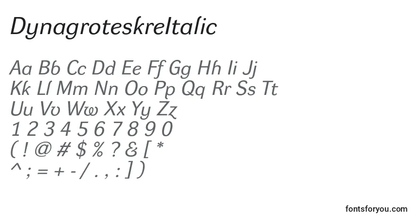 Schriftart DynagroteskreItalic – Alphabet, Zahlen, spezielle Symbole