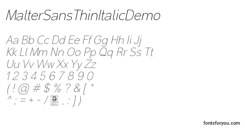 Шрифт MalterSansThinItalicDemo – алфавит, цифры, специальные символы