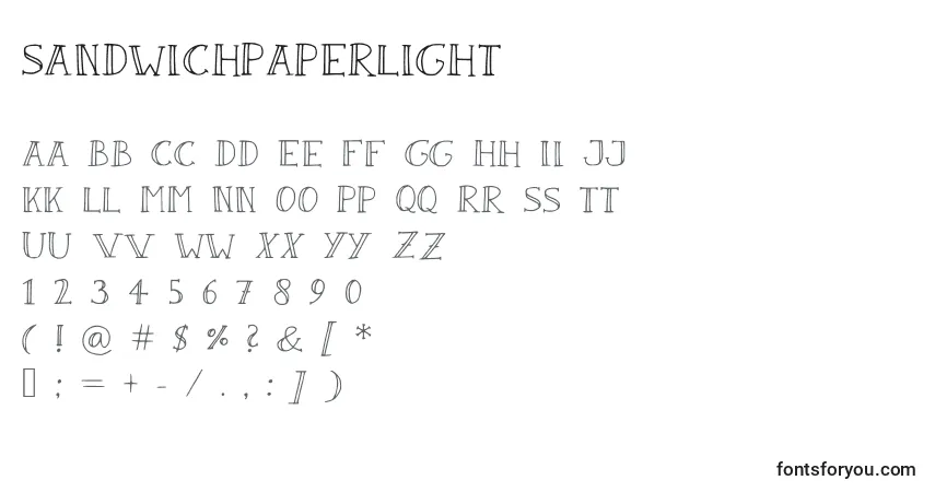 A fonte SandwichPaperLight – alfabeto, números, caracteres especiais
