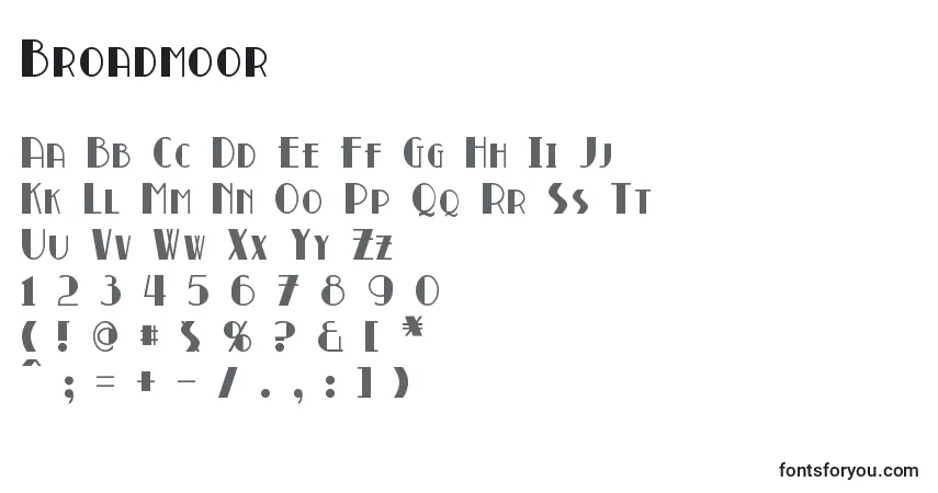 Broadmoor-fontti – aakkoset, numerot, erikoismerkit