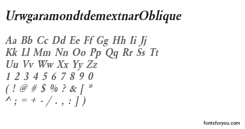 Czcionka UrwgaramondtdemextnarOblique – alfabet, cyfry, specjalne znaki
