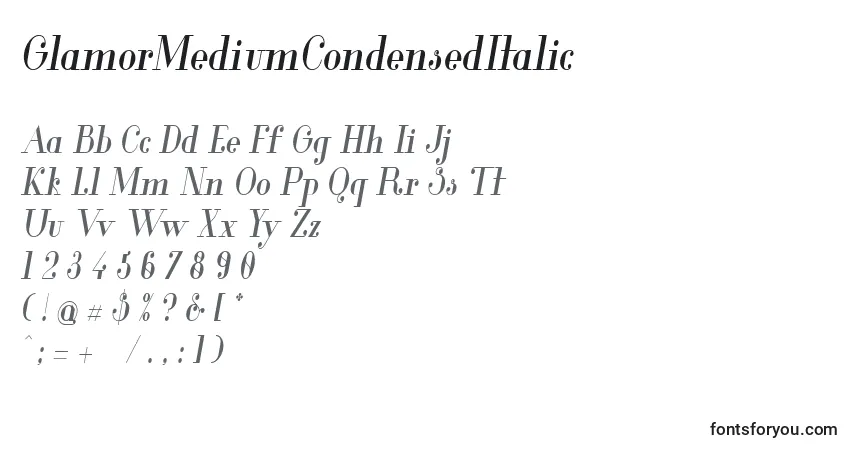 Шрифт GlamorMediumCondensedItalic – алфавит, цифры, специальные символы