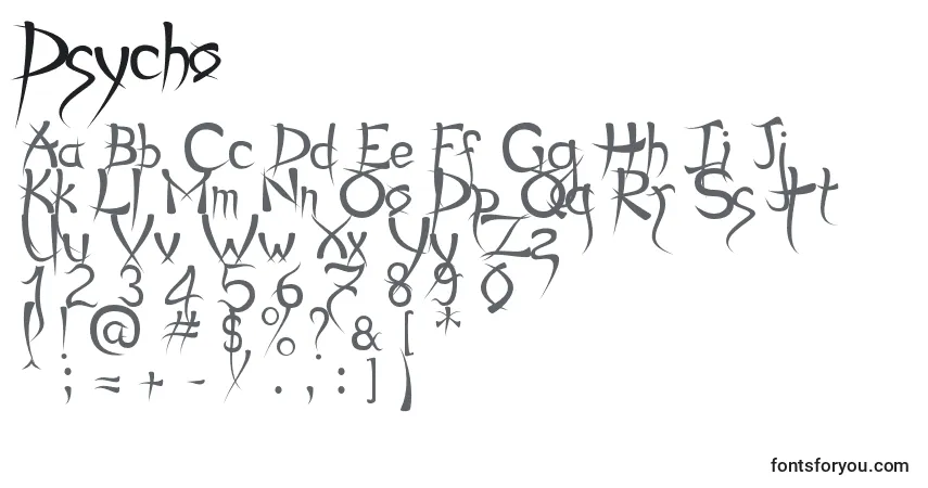 Czcionka Psycho – alfabet, cyfry, specjalne znaki