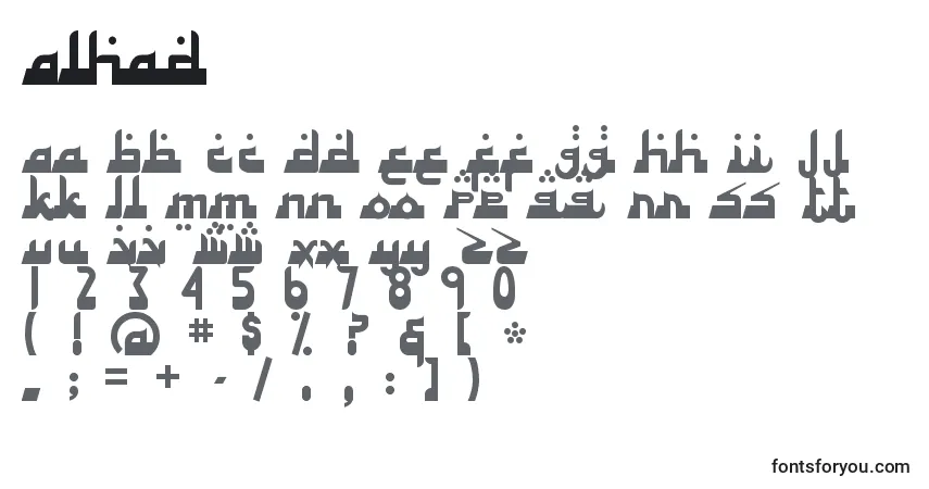 Czcionka Alhad – alfabet, cyfry, specjalne znaki