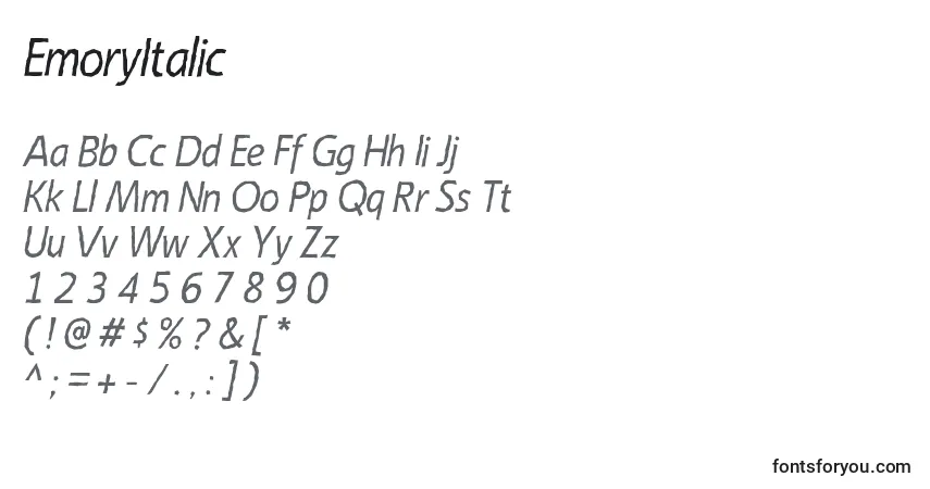 A fonte EmoryItalic – alfabeto, números, caracteres especiais