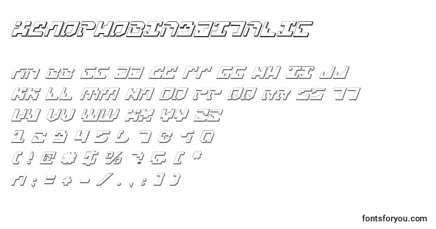 Шрифт Xenophobia3DItalic – алфавит, цифры, специальные символы