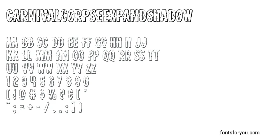 Шрифт Carnivalcorpseexpandshadow – алфавит, цифры, специальные символы