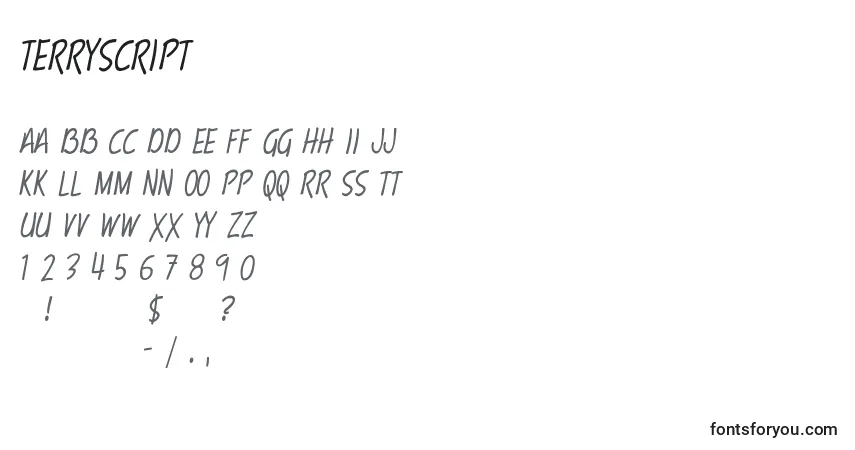 Czcionka TerryScript – alfabet, cyfry, specjalne znaki
