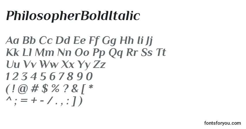 A fonte PhilosopherBoldItalic – alfabeto, números, caracteres especiais