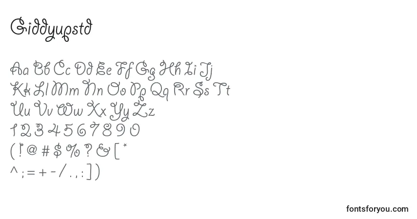 Schriftart Giddyupstd – Alphabet, Zahlen, spezielle Symbole