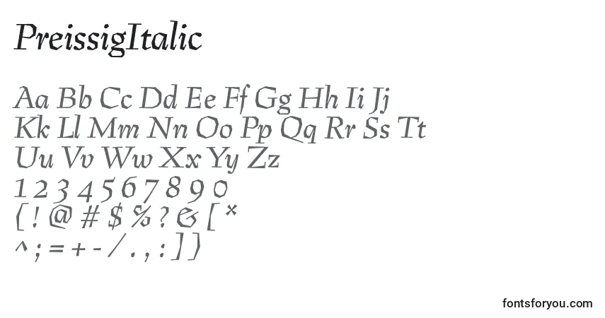 Czcionka PreissigItalic – alfabet, cyfry, specjalne znaki