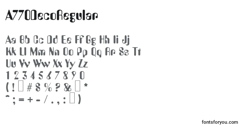 Czcionka A770DecoRegular – alfabet, cyfry, specjalne znaki