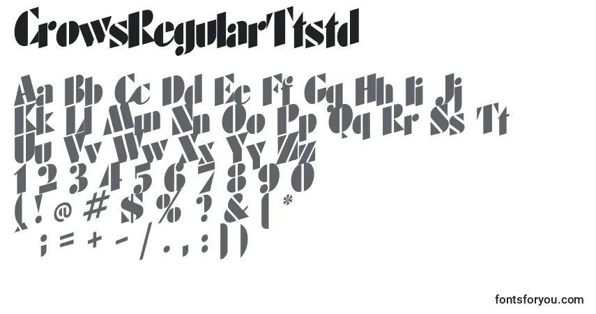 Czcionka CrowsRegularTtstd – alfabet, cyfry, specjalne znaki