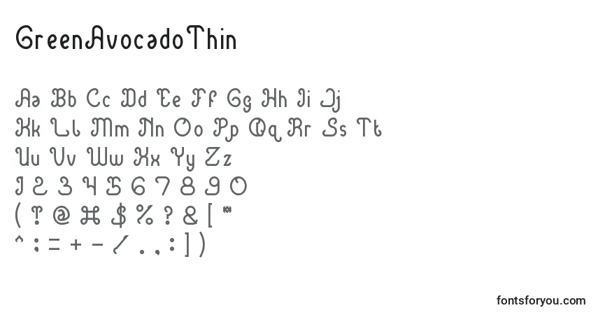 Шрифт GreenAvocadoThin – алфавит, цифры, специальные символы