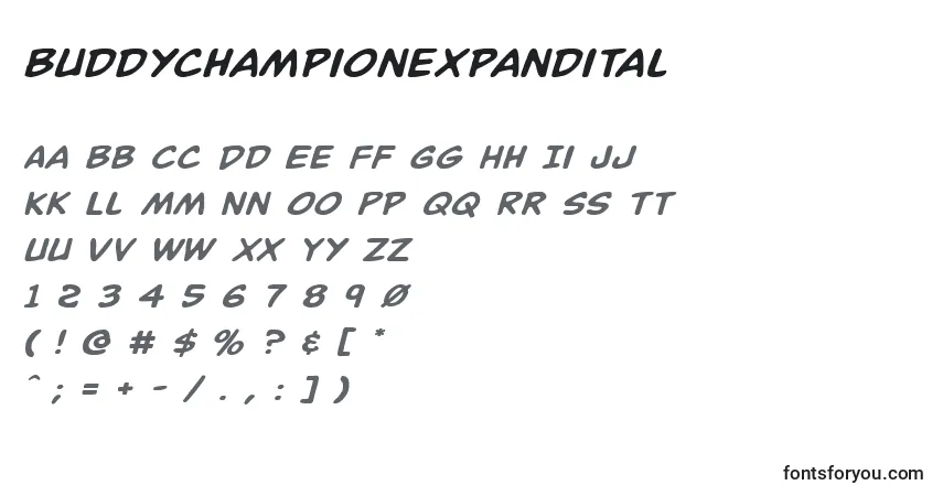 A fonte Buddychampionexpandital – alfabeto, números, caracteres especiais