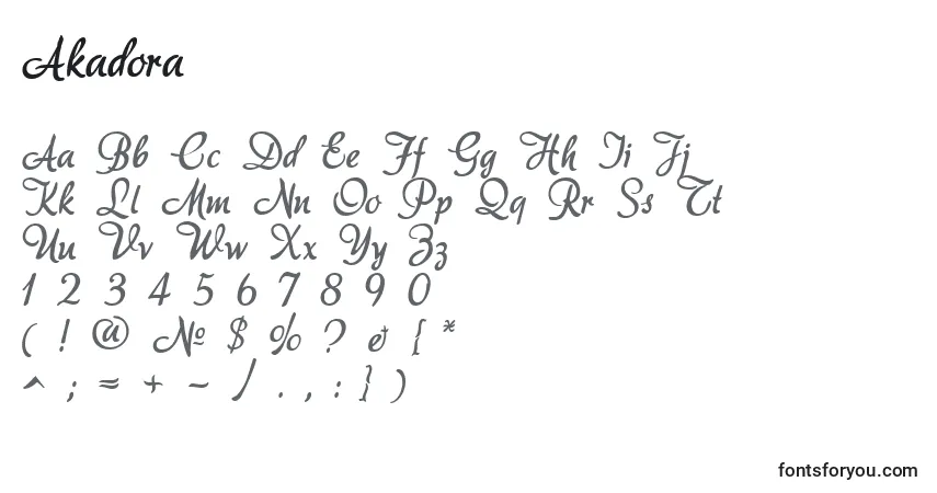 Schriftart Akadora – Alphabet, Zahlen, spezielle Symbole