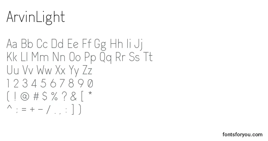 Schriftart ArvinLight – Alphabet, Zahlen, spezielle Symbole