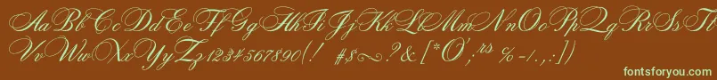 フォントRosamundatwoc – 緑色の文字が茶色の背景にあります。