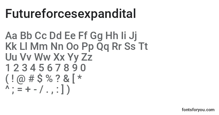 Шрифт Futureforcesexpandital – алфавит, цифры, специальные символы