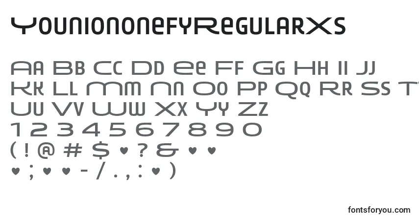 Schriftart YouniononefyRegularXs – Alphabet, Zahlen, spezielle Symbole